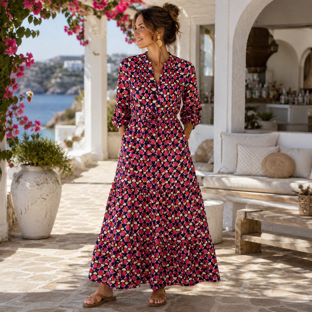 Banjanan Bazaar Maxi Dress Sz L Cotton Voile Block Print Tiered Boho Pockets NWT